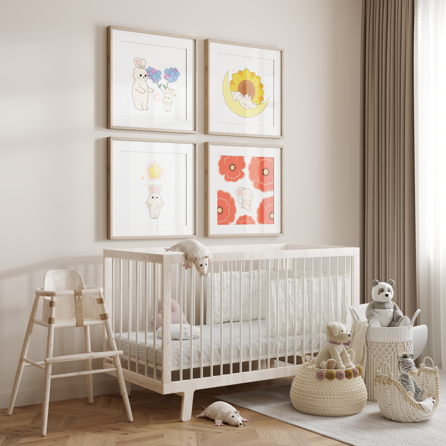 A nursery room with four art prints of bunnies decorating the wall 